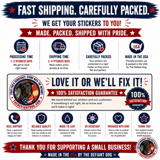 A promotional graphic for Defiant Dog brand shipping and packaging stickers, featuring a white background with blue and red banners, icons, and text about fast shipping, processing time, shipping time, care, and a satisfaction guarantee.