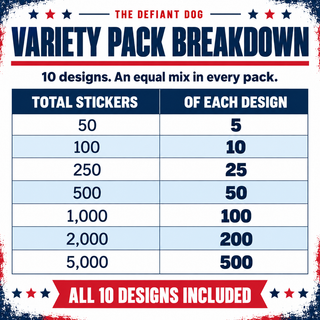 A promotional graphic for a sticker variety pack by The Defiant Dog, showing a breakdown table of total stickers and the number of designs per row, with a red banner at the bottom stating all 10 designs are included.