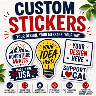 Custom stickers displayed on a white wood background with decorative green leaves. Large text at the top reads 'CUSTOM STICKERS' with the slogan 'YOUR DESIGN.