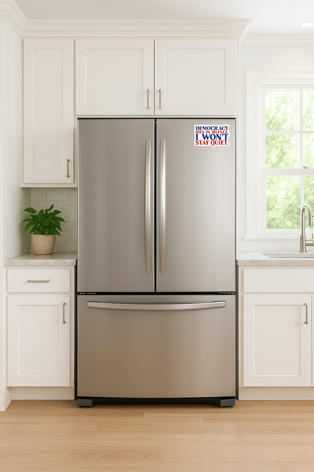 'Democracy Dies in Silence I Won't Stay Quiet' magnet or vinyl decal displayed on a stainless steel refrigerator. A bold, high-quality political sticker perfect for cars, laptops, fridges, or toolboxes. Great for activists, protestors, or anyone fed up with fascism.