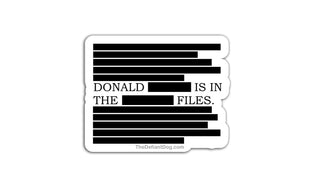Sticker with text 'DONALD IS IN THE FILES' on a white background