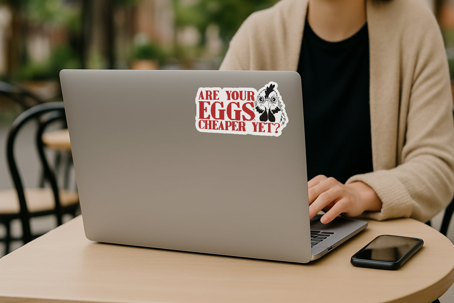 'Are Your Eggs Cheaper Yet?' magnet or vinyl decal displayed on the back of a laptop. A bold, high-quality political sticker perfect for cars, laptops, fridges, or toolboxes. Great for activists, protestors, or anyone fed up with fascism.