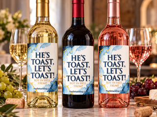 Anti Trump He’s Toast Let’s Toast wine bottle labels shown on red wine, white wine and rosé bottles for political party and celebration decor.