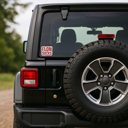 Black Jeep with a 'Elon Sucks' sticker on the back window