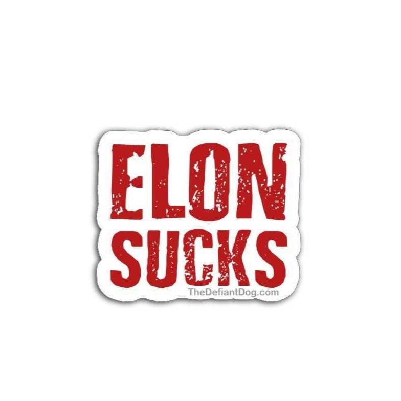 Sticker with 'ELON SUCKS' text in red on a white background