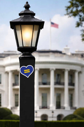 Lamp post with a heart symbol featuring equal signs in front of the White House.