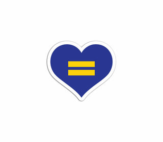Heart-shaped sticker with blue background and yellow equal sign on a white background