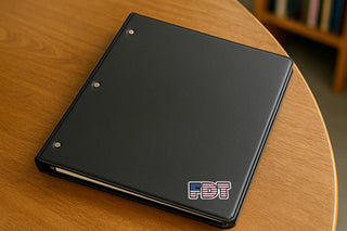 FDT vinyl sticker attached to the corner of a black three-ring binder on a wooden table.