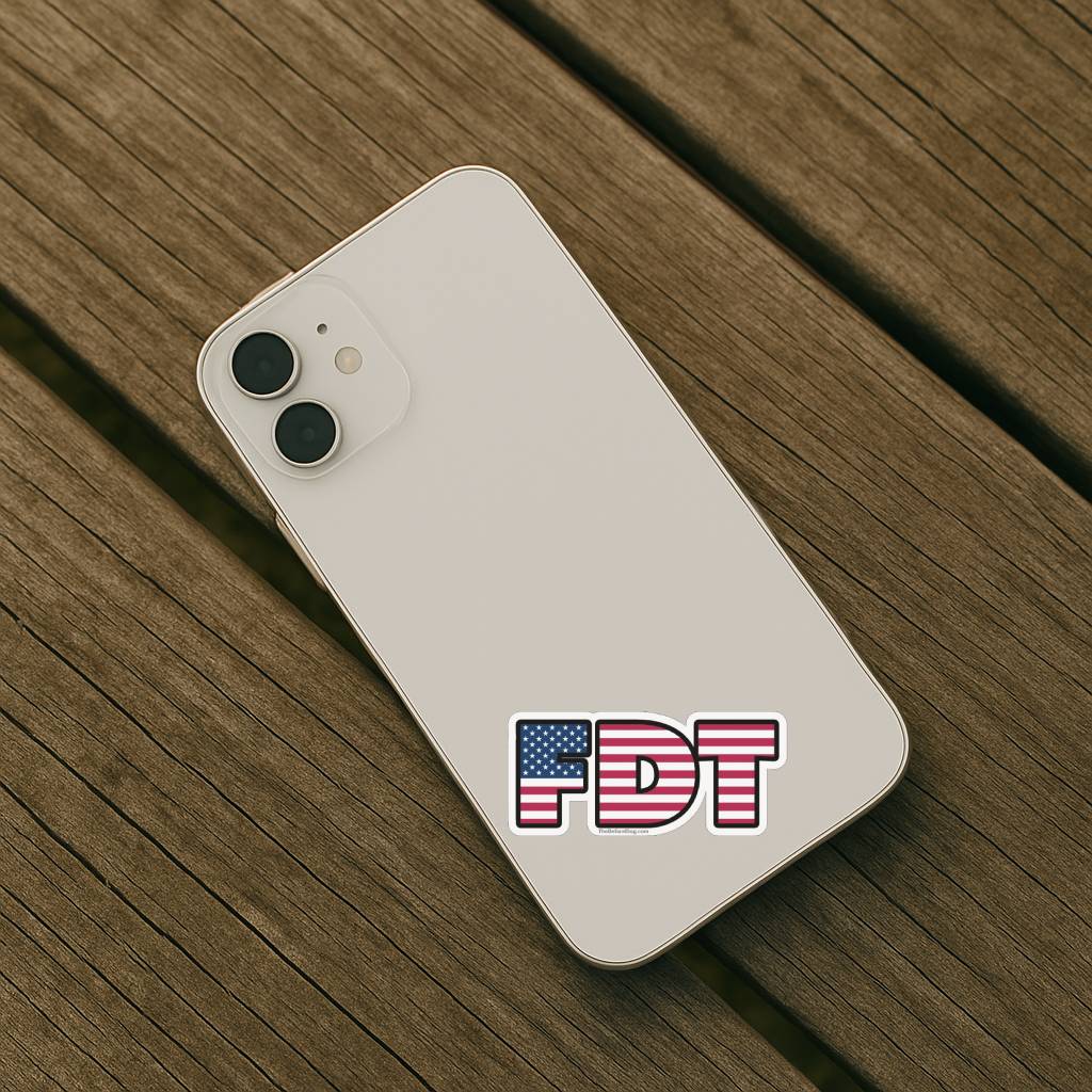 FDT American flag sticker applied to the back of a light-colored smartphone resting on a wooden table.
