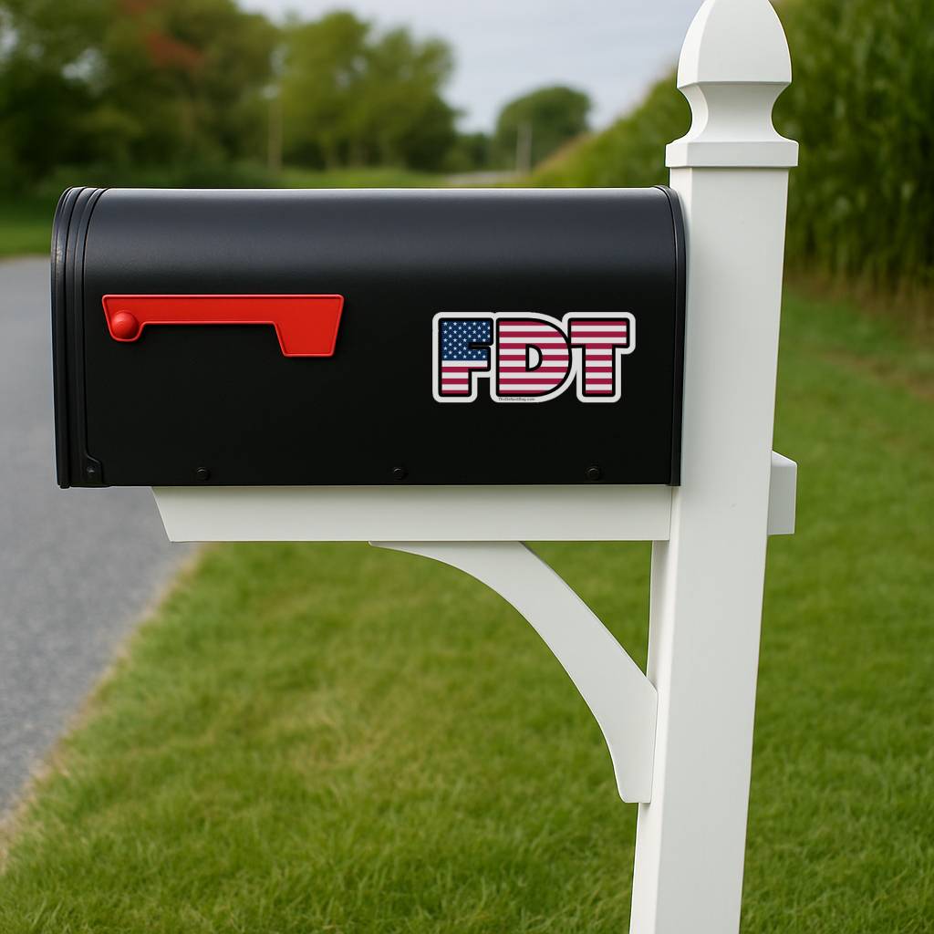 FDT American flag sticker applied to the side of a black rural mailbox on a white post.