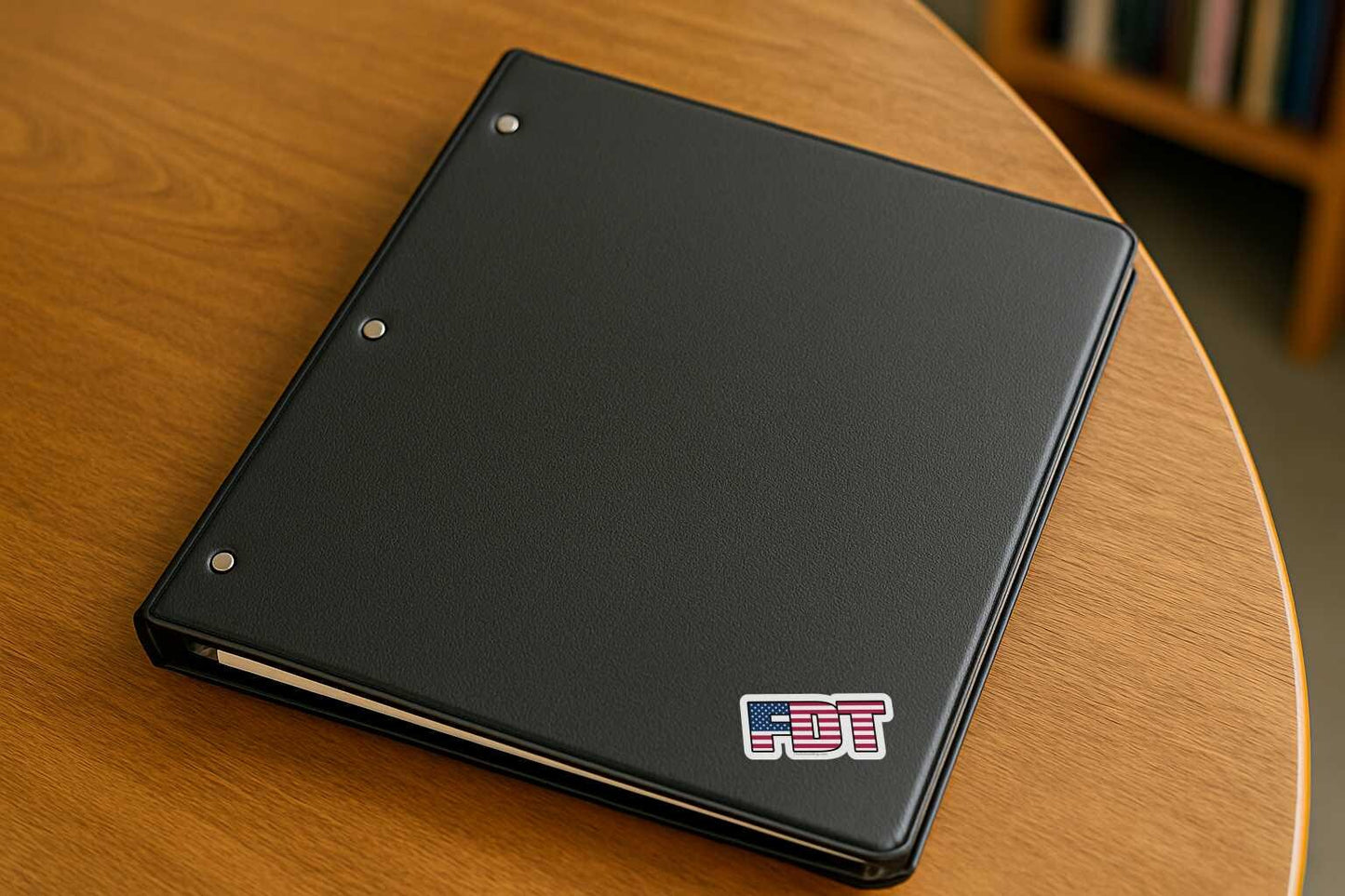 Black notebook with a logo on a wooden surface