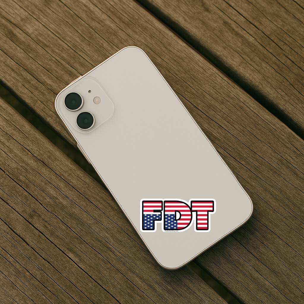 FDT upside down flag sticker applied to the back of a light-colored smartphone resting on a wooden table.