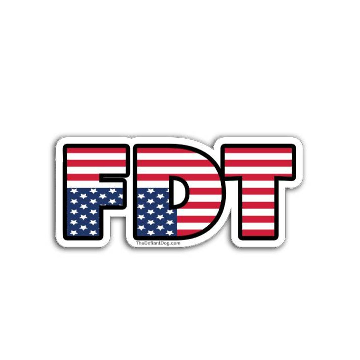FDT sticker design with upside down American flag pattern inside bold block letters on a white background.