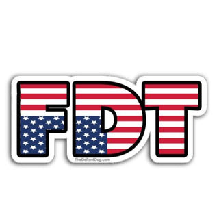 FDT sticker design with upside down American flag pattern inside bold block letters on a white background.