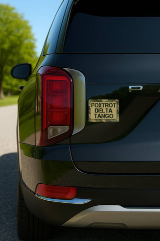 Close-up rear-quarter view of a black SUV outdoors, showing the taillight, rear door, and a decorative license plate that reads 'FOXTROT DELTA TANGO'.