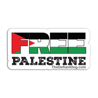 A die-cut sticker with the words 'FREE PALESTINE' in bold black letters. The letter 'F' is filled with the Palestinian flag colors (red, black, green) and a red triangle, while 'REE' is filled with horizontal black, white, and green stripes.