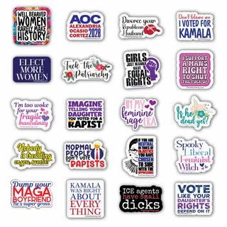 Collection of politically themed stickers with various messages.