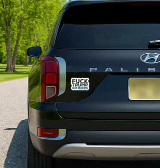 Anti Trump Go Birds sticker displayed on the rear liftgate of a black Hyundai Palisade SUV, featuring a durable political vinyl decal designed for vehicle application.