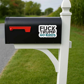 Anti Trump Go Birds sticker on the side of a black rural mailbox with a red flag, showcasing a political vinyl decal outdoors on a white mailbox post along a country road.