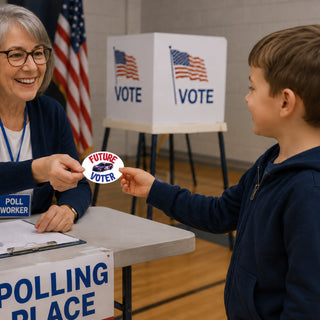 A young boy in a navy hoodie approaches a smiling poll worker at a table, holding a round sticker that reads 'FUTURE VOTER' with a blue car graphic. In the background, white voting booths with American flags and the word 'VOTE' are visible.