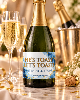 He’s Toast Let’s Toast anti Trump champagne bottle label on sparkling wine bottle with champagne glasses and elegant celebration party background.