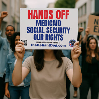 Free protest sign that says 'Hands Off Medicaid, Social Security, Our Rights' in bold red and blue text