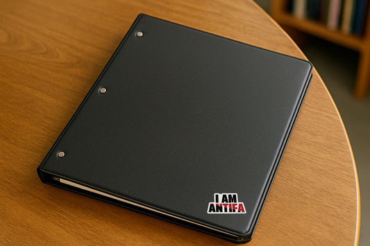 Black notebook with 'I AM ANTIFA' sticker on a wooden surface