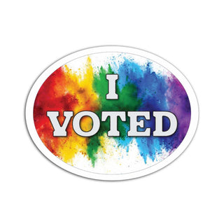 An oval sticker with a white border featuring a vibrant watercolor paint splatter in rainbow colors and the text 'I VOTED' in bold white letters.