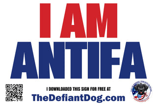 Proclamation 'I AM ANTIFA' with branding and QR code on a white background