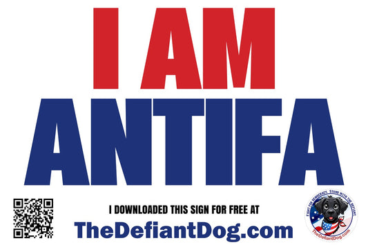 Proclamation 'I AM ANTIFA' with branding and QR code on a white background