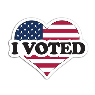 A heart-shaped sticker or decal with an American flag pattern and the words “I VOTED” in bold black letters across the center, shown on a plain white background.