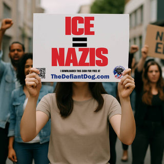 Person holding a protest sign with 'ICE = NAZIS' text and a QR code.