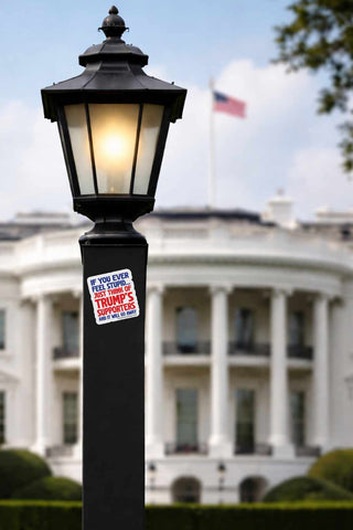 Lamp post with a sticker in front of the White House