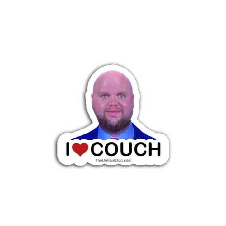 Sticker with a JD Vance's face and 'I ❤️ COUCH' text on a white background