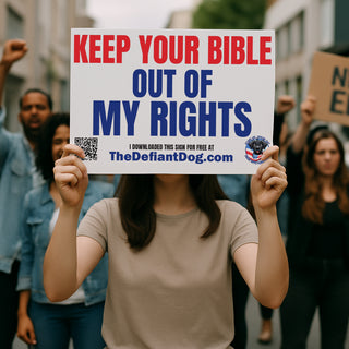 Free protest sign that says 'Keep Your Bible Out of My Rights' in bold red and blue text