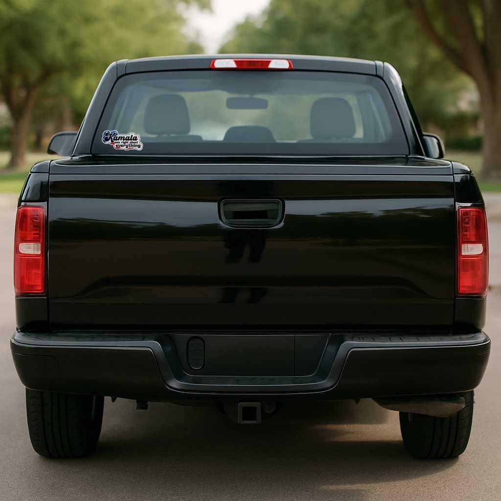 Black pickup truck with a 'Kamala-was-right-about-everything-' sticker on the rear window, parked on a road with trees in the background.