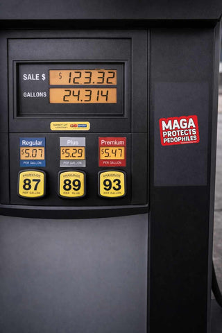 Fuel pump with price display and 'MAGA Protects Pedophiles' sticker