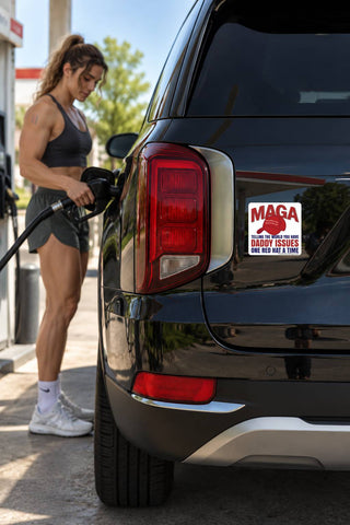 Black SUV at a gas station with a funny anti-MAGA Daddy Issues sticker displayed on the rear hatch near the taillight while a woman refuels. Red and blue anti-Trump political sticker featuring a MAGA hat graphic.