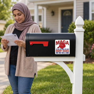 Funny anti-MAGA Daddy Issues political sticker displayed on a black suburban mailbox while a woman collects her mail. White square anti-Trump decal features a red MAGA hat and the phrase Telling the World You Have Daddy Issues One Red Hat at a Time.