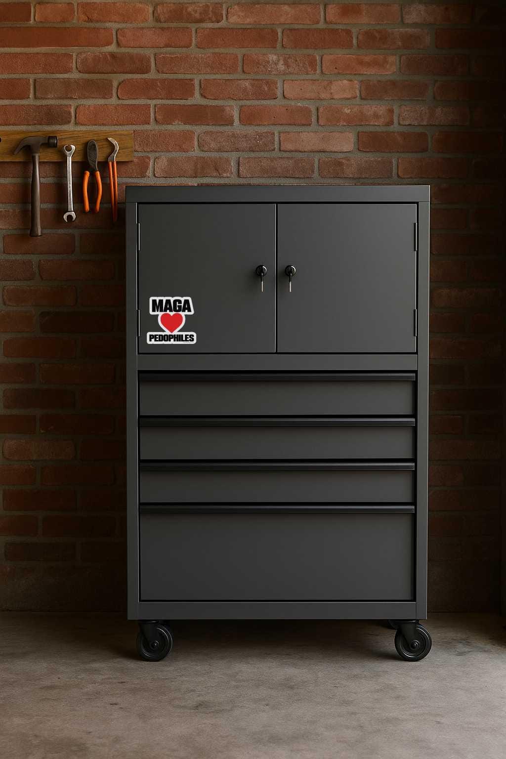 Dark gray tool cabinet with a visible sticker against a brick wall.