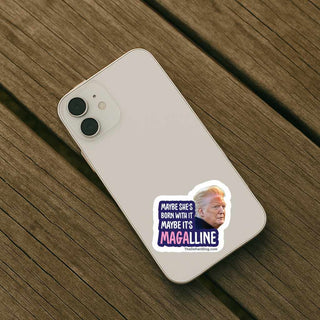 Funny anti Trump Magalline sticker applied to a smartphone case showcasing political parody artwork and progressive humor.