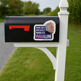 Political humor anti Trump Magalline sticker attached to a roadside mailbox featuring progressive satire and anti MAGA messaging.