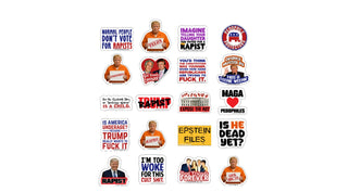 Collection of political-themed stickers with various designs and text on a white background