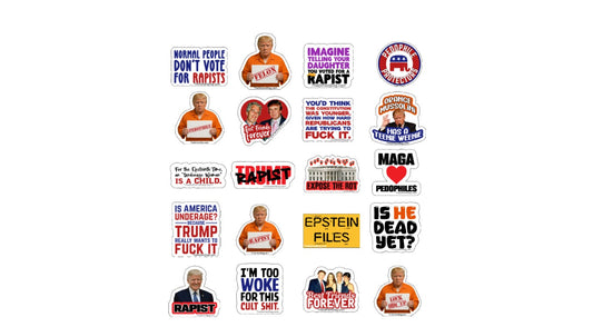 Collection of political-themed stickers with various designs and text on a white background