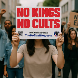 Person holding a protest sign that reads 'No Kings No Cults' with a QR code at an event.