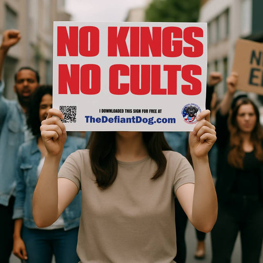 Person holding a protest sign that reads 'No Kings No Cults' with a QR code at an event.
