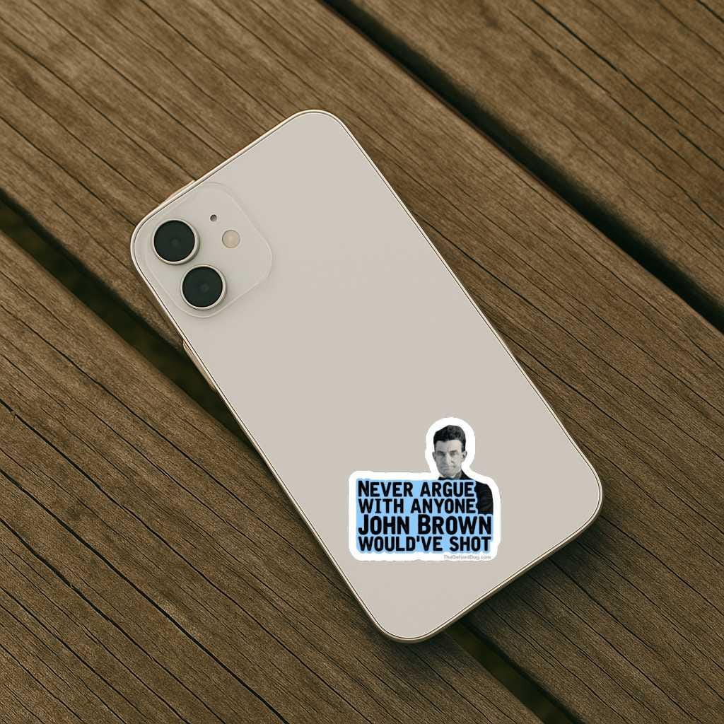 Phone case with a sticker of a person and text on a wooden surface