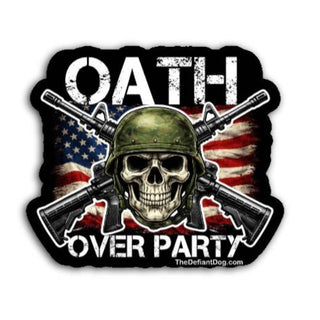 Oath Over Party military skull sticker with crossed rifles American flag background patriotic veteran constitution sticker anti trump veteran decal