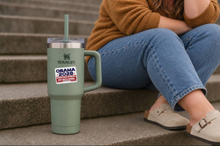 Obama 2028 political vinyl sticker on sage green Stanley tumbler