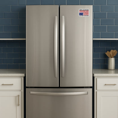 'One Nation Under Duress' magnet or vinyl decal displayed on a stainless steel refrigerator. A bold, high-quality political sticker perfect for cars, laptops, fridges, or toolboxes. Great for activists, protestors, or anyone fed up with fascism.